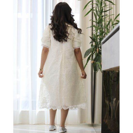 صورة فستان بناتي سكري بفيونكة صدر وكلفة جبير | تصميم كلوش كسرات - 1208